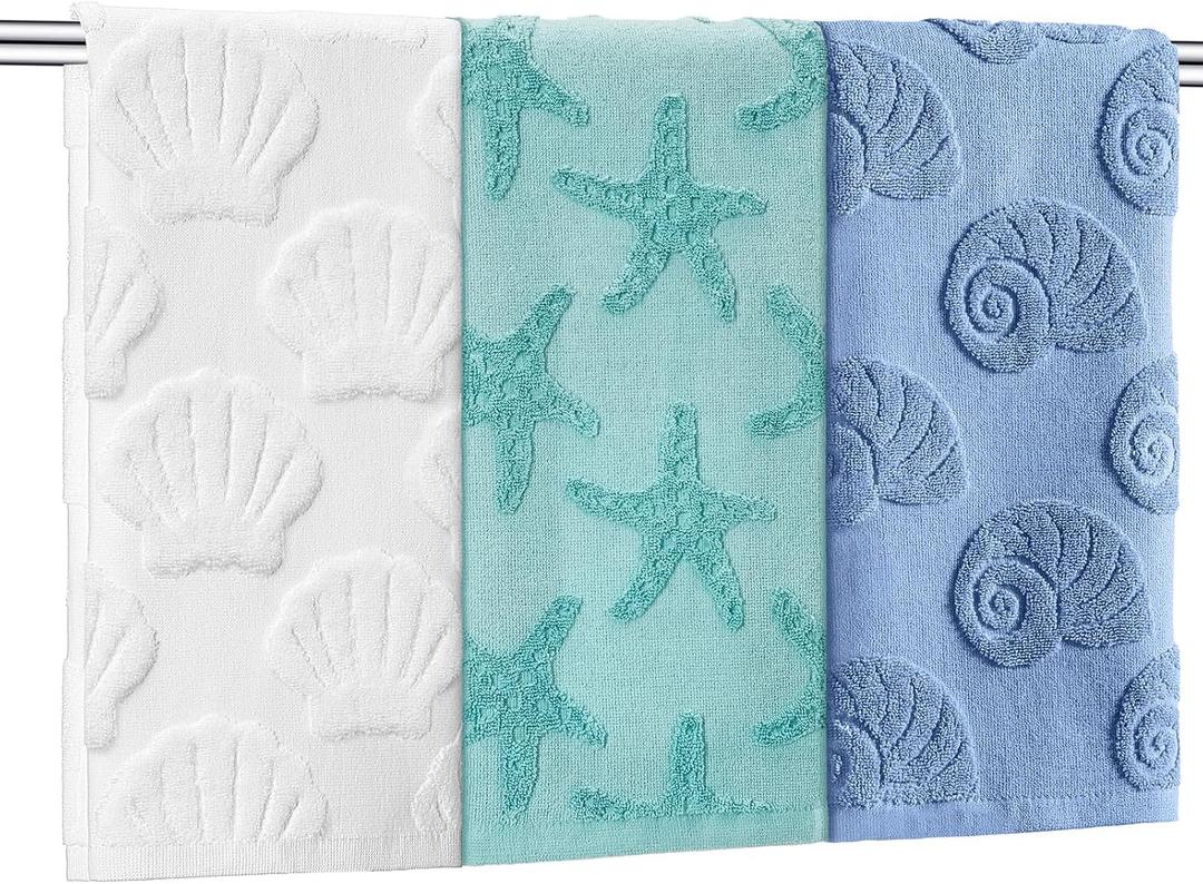 Moukeren 3 Pcs Coastal Hand Towels for Bathroom Ocean Beach Decorative Bath Towels 100% Cotton Jacquard 3D Sea Starfish Shells Absorbent for Summer Beach Theme Gifts Bathroom Decor 13.78 x 29.53 Inch