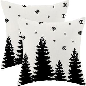 CXMEIFLY Christmas Pillow Covers 16x16 Inch Set of 2 Cream Black Christmas Tree Snowflakes Decor Throw Pillows Winter Xmas Holiday Outdoor Cushion Cases for Couch Bed Decorations