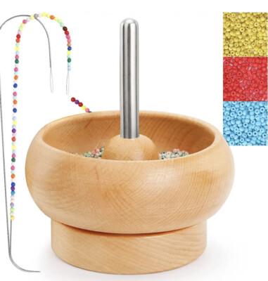 Tilhumt Bead Spinner for Jewelry Making, Effortless Rotating Wooden Clay Bead Spinner with 2 Big Eye Beading Needles and 3000 Seed Beads, Beading Supplies for Making Waist, Bracelets, Necklace