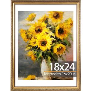 JCJMY 18x24 Vintage Picture Frame with 16x20 Mat, Elegant Retro 18 by 24 Photo Frame with Shatter-Resistant Plexiglass for Wall, Gallery Decor & Gift, Gold, 1 Pack