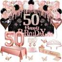 50th Birthday Decorations for Women, 49pcs Black Rose Gold Black Happy 50th Birthday Banner, Tablecloth, Butterfly Decor, Sash and Tiara, Cake Topper, Candles, Balloons Arch