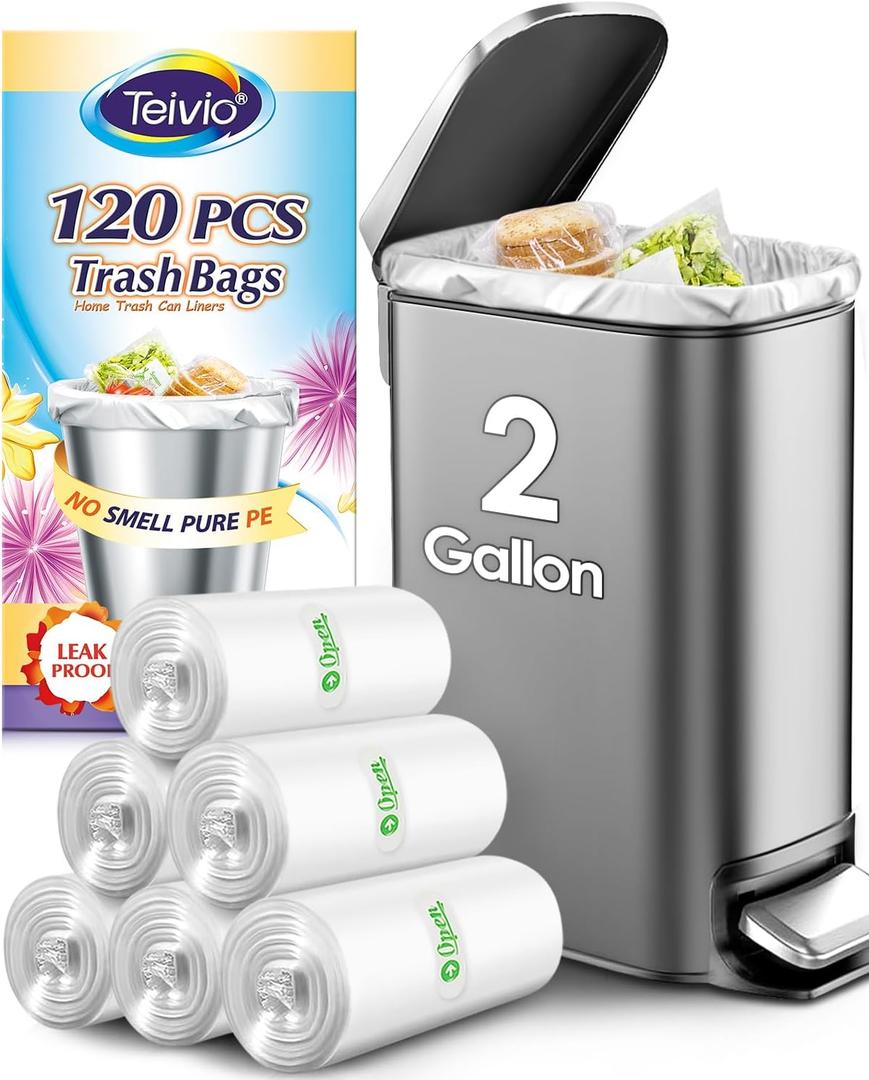 2 Gallon 120 Counts Strong Trash Bags Garbage Bags by Teivio, Bathroom Trash Can Bin Liners, Plastic Bags for home office kitchen, Clear