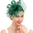 Fascinators Hats for Women Classic Satin Tea Party Headwear Fascinator Hat with Headband and Clip (Green)