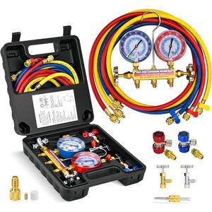 Upgraded New 42006 Test and Charge Manifold Set, with 3-1/8" (80 mm) Gauge, with 72" HVAC Hoses and Quick Coupler Adapters, 1/4" Standard Flared Fittings, Suitable for R-22/134A/404A, Toolbox