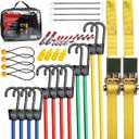 TOOLUXE 50888L Bungee Cords Kit, 36pc Assorted Bungee Cord Hooks Set, Large & Small Loop Rope with Hooks, Outdoor Canopy Ties, Ratcheting Straps, Steel Spring Clamps, Plastic Alligator Tarp Clips