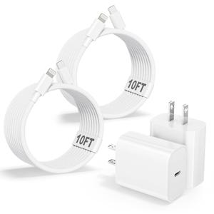 10FT Extra Long Braided iPhone Charger Fast Charging,10Foot 2Pack i Phone Charger Block USB C to Lightning Woven Cable Cord Adapter for iPhone 14 Pro Max/14 Plus/13 Mini/13/12/11/X/XR/SE/i Pad/AirPods