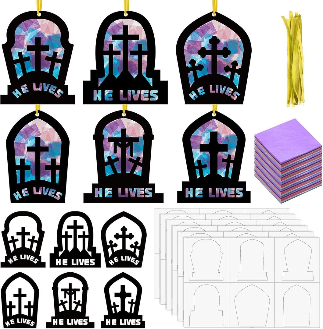 Chiisong 24 Sets Easter Religious Cross Crafts He Lives Religious Tissue Paper Sign Easter Crafts Kit Resurrection DIY Suncatcher Art Christian Ornaments Jesus Sunday Art