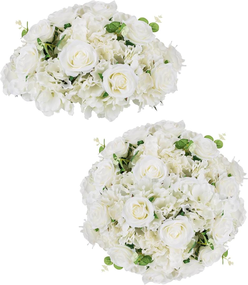 BLOSMON Fake Flower Balls Centerpieces: 2 Pcs 15.7" Large White Rose Hydrangea Artificial Flowers Arrangement for Wedding Table - Faux Silk Floral for Party Home Reception Decoration