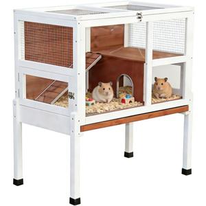 2-Story Guinea Pig Cage with Stand, Indoor Wooden Hamster Cage with Ramp, Pull-Out Tray, Hideout & Platform, Acrylic Transparent Small Animal Habitat for Chinchillas, Ferrets, Hedgehogs, Walnut