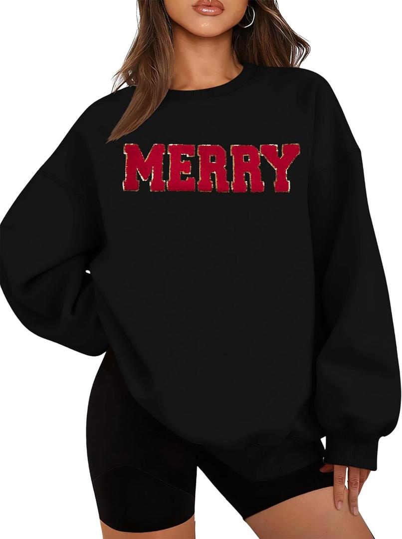 FASHGL Christmas Sequins Sweatshirts Women Merry Glitter Patch Crewneck Sweater Xmas Long Sleeve Pullover Top (Black, XL)