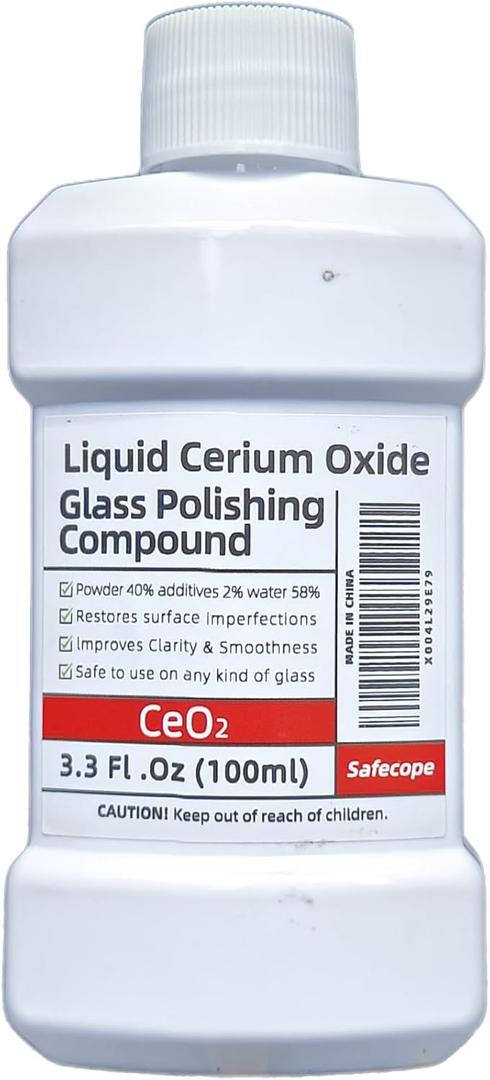 3.3 fl oz (100 ml) Cerium Oxide Glass Polishing Solution - For removing: oil films, water spots, swirls, water stains, windshield wiper marks, minor scratches & effectively cleaning glass surfaces.