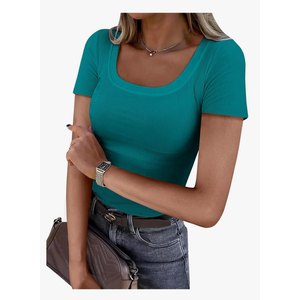 Women Short Sleeve Tops Scoop Neck Ribbed Knit Slim Fitted Basic Tee Shirts Casual Summer Clothes Size XL