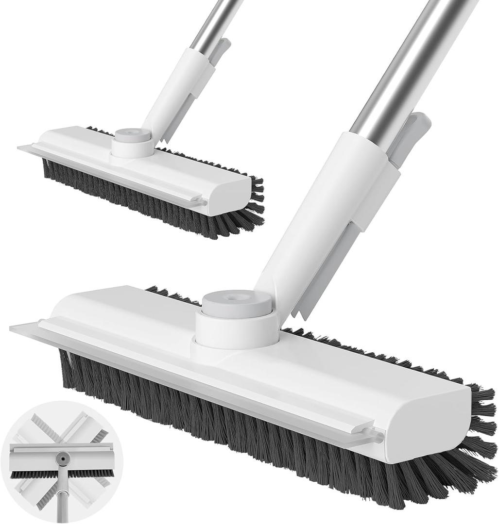Floor Scrub Brush with Long Handle, 3 in 1 Scrape and Heavy-Duty Stiff Bristle Scrubber Brush for Cleaning Shower Bathroom, Patio, Garage, Kitchen, Wall and Deck (White, 2 Pack)