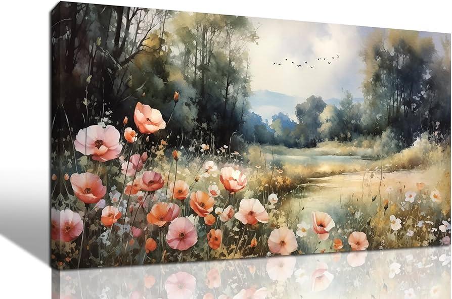 hyidecorart Canvas Wall Art For Living Room Wall Decor For Bedroom Office Decorations Vintage Farmhouse Wildflower Wall Paintings Nature Landscape Picture Artwork Aesthetic Home Decor Ready To Hang