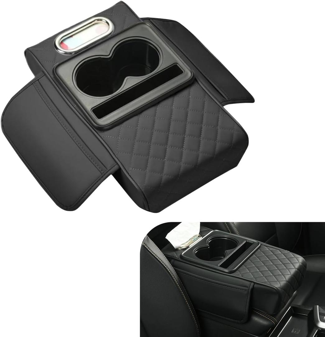 1 PC Car Center Console Cover Organizer, Car Armrest Box Height Increase Pad with 2 Cup Holders and 1 Tissue Box, Highly Elastic Sponge 3.15" H Armrest Booster Cushion for Cars (Black)