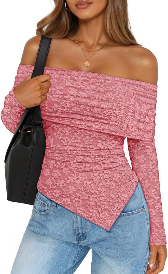 ZESICA Women's Fall Floral Off Shoulder Tops 2025 Mesh Long Sleeve Shirts Asymmetrical Ruched Tee Blouses Trendy Outfits (Pink, XL)