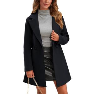 Springrain Women's Wool Pea Coat Notched Collar Double Breasted Midi Long Trench Coat Outwear (Medium, Black)