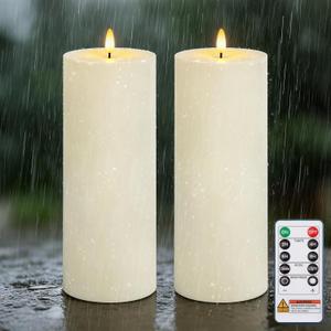 Homemory Outdoor Waterproof Flameless LED Candles 4" x 10", Battery Operated Large Pillar Candles with Remote & Timer, Long Lasting for Outdoor Lanterns & Patio, White, Set of 2