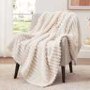 EXQ Home Fleece Throw Blanket for Couch or Bed - 3D Stripe Jacquard Decorative Blankets - Cozy Soft Lightweight Fuzzy Flannel Blanket Suitable for All Seasons (50"60",Beige)