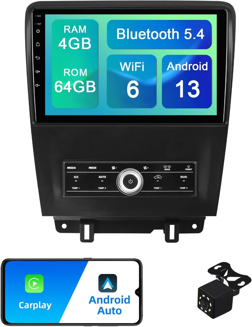 4+64G Android 13 Double Din Car Stereo for Ford Mustang 2010 2011 2012 2013 2014 with 10.1 Inch Touchscreen Radio Built-in Wireless Carplay/Android Auto/GPS/Bluetooth/FM/AUX-in/Steering Wheel Controls