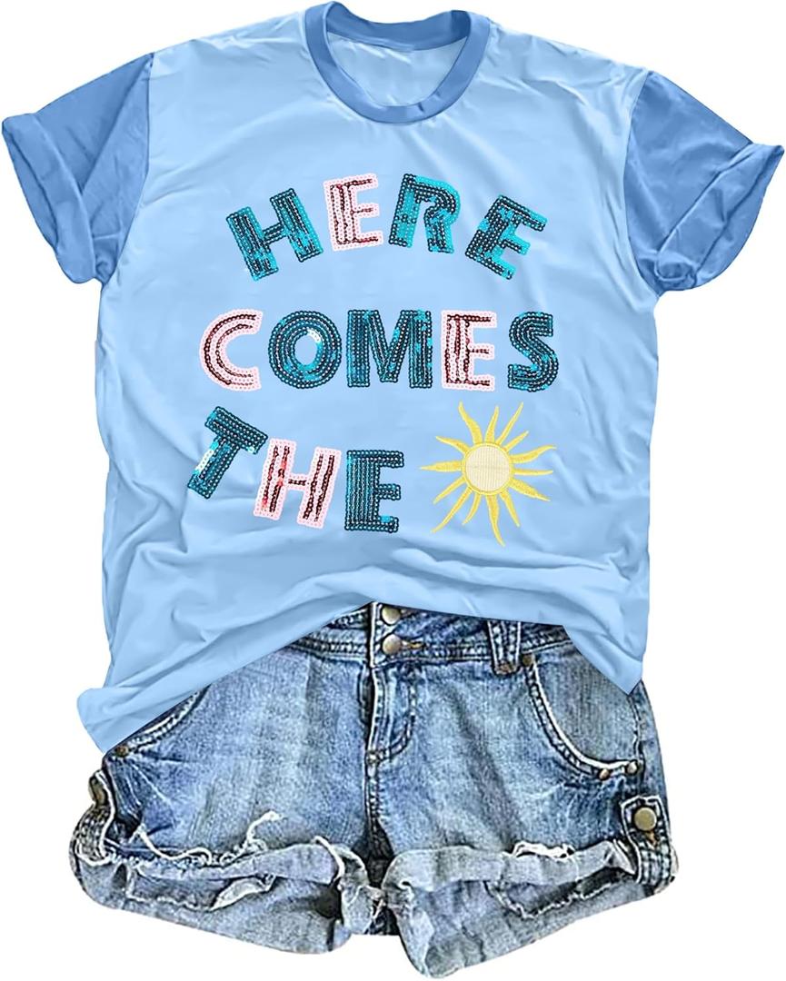 MOUSYA Womens Hawaiian Shirts Summer T Shirt Casual Oversized Beach Sunshine Tropical T-Shirt (Medium, Blue)