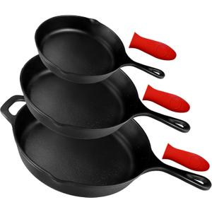 Pre-Seasoned Cast Iron Skillet Set of 3 | 6", 8" & 10" Cast Iron Frying Pans with 3 Heat-Resistant Holders - Indoor and Outdoor Use - Oven Grill Stovetop Induction Safe Cookware