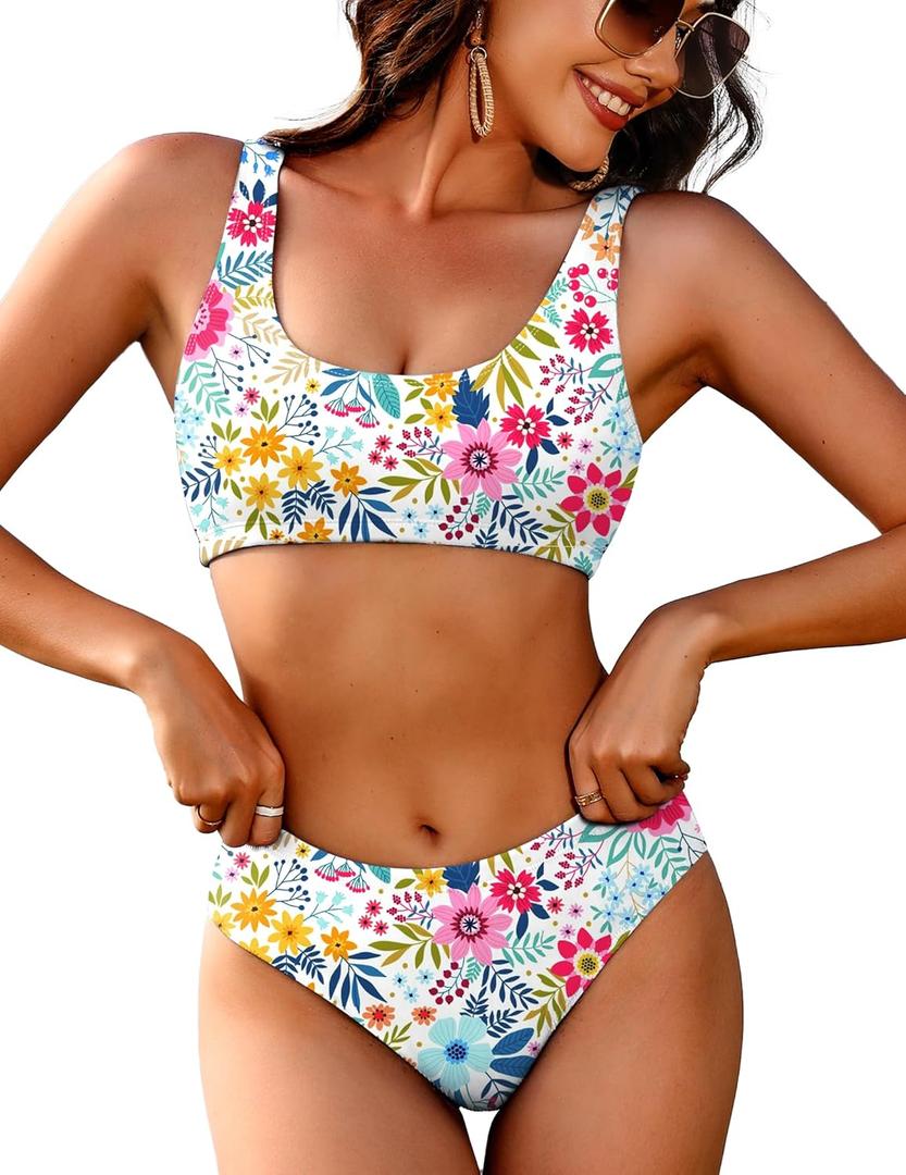 AI'MAGE Women Ribbed Bikini Sets Sporty Swimsuits Scoop Neck Two Piece Bathing Suits High Cut Bikini  (Medium, Multi Floral)