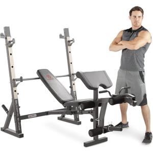 Marcy Olympic Workout Bench for Home Gym Strength Training Equipment with Preacher Curl Pad and Weight Rack Storage, White/Black
