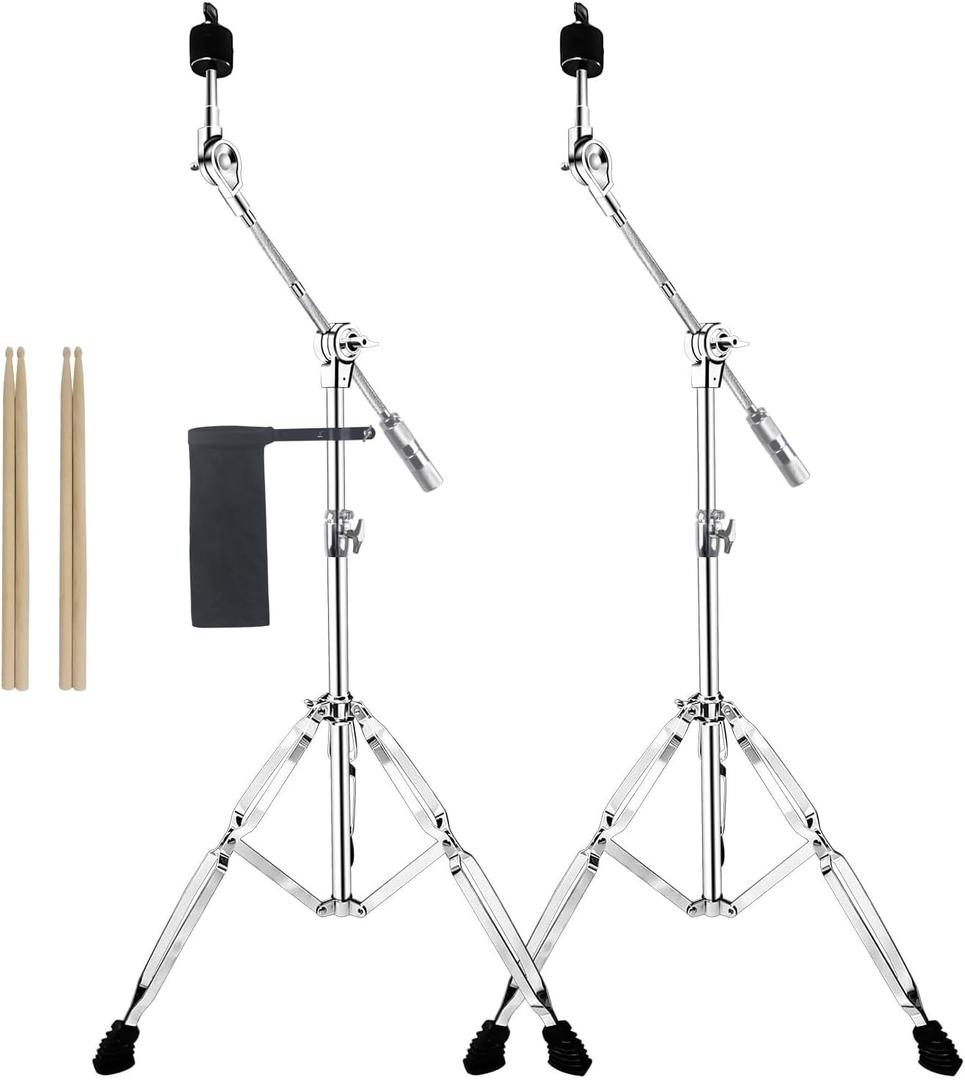 2 Pack Boom Cymbal Stand + Drum Sticks Holder + Two Pair of 5A Drum Sticks, Adjustable Cymbal Stand With Counterweight Adapter for Heavy Duty Mounting Crash, Ride, Splash Cymbals, Double Braced Legs