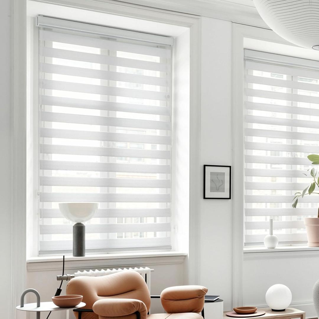 GHV Cordless Zebra Blinds for Windows Free-Stop Shades Light Filtering Dual Layer Light Control for Day and Night (White, 32 in (W) x 64 in (H))