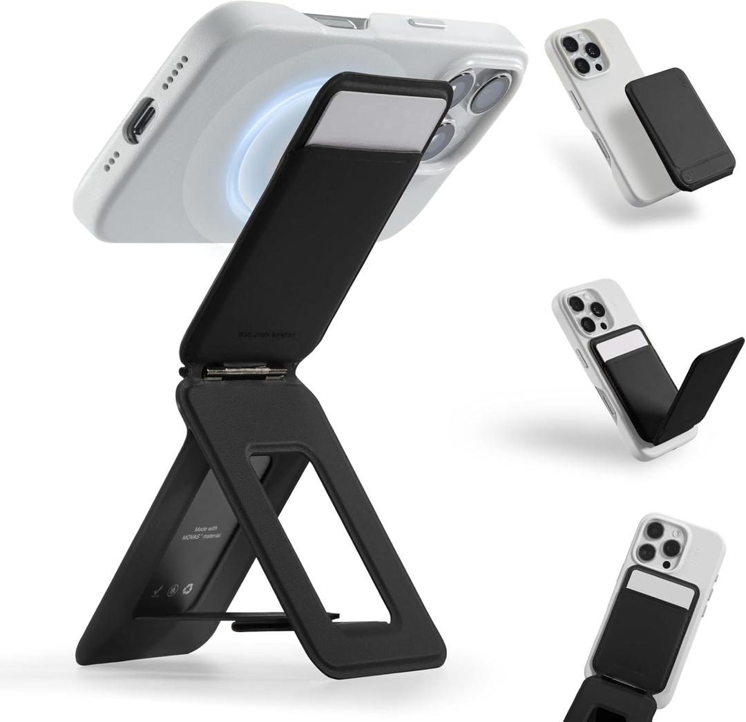 MOFT Phone Tripod Wallet, 3 in 1 Phone Stand Magnetic Wallet, NFC-Supported Magnetic Phone Stand, MOVAS Vegan Leather Adjustable Card Holder-Jet Black (with Card Slot)