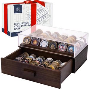Large Wooden Challenge Coin Display Case with Clear Cover - Military Coin Display Case Holds 36 Coins on Top & 36 in The Storage Drawer - Versatile Coin Stand Holder & Poker Chip Display Case - Brown