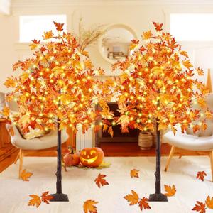 2Pack 6FT 300LED Artificial Lighted Maple Tree, Fall Decorations for Home, Timer Function Prelit Fall Decor Maple Tree with Warm White Light for Indoor Outdoor Harvest Halloween Thanksgiving Day