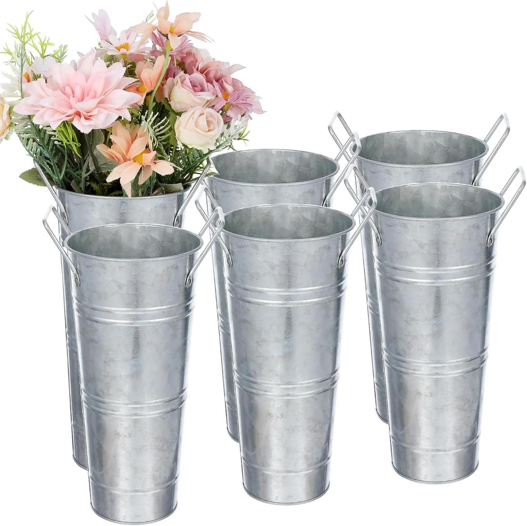 Set of 6 Galvanized Metal Vases 10inch Small Rustic Flower Bucket Flower Vases for Bouquet Farmhouse French Flowers Bucket with Handles for Home Decor and Wedding Table Centerpiece Decor