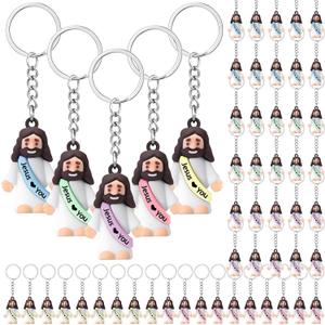 Sumind 48 Pcs Jesus Toys Figurine Christian Keychain Jesus Doll Religious Keychain Bulk Classic Christian Rings for Christ(Macaron Color,White Jesus Loves You)
