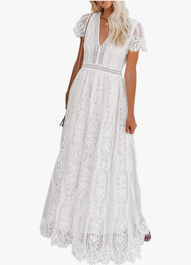 MEROKEETY Women's V Neck Short Sleeve Floral Lace Wedding Dress Bridesmaid Cocktail Party Maxi Dress XXL