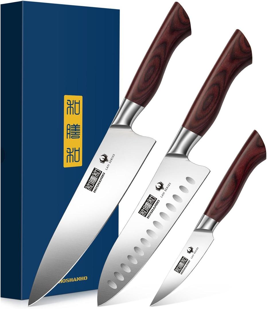 HOSHANHO 3-Piece Kitchen Knife Set, Ultra Sharp Chef/Santoku/Paring Knives,Professional High Carbon Steel Knives with Ergonomic Handle, Ideal Cooking Gift Set