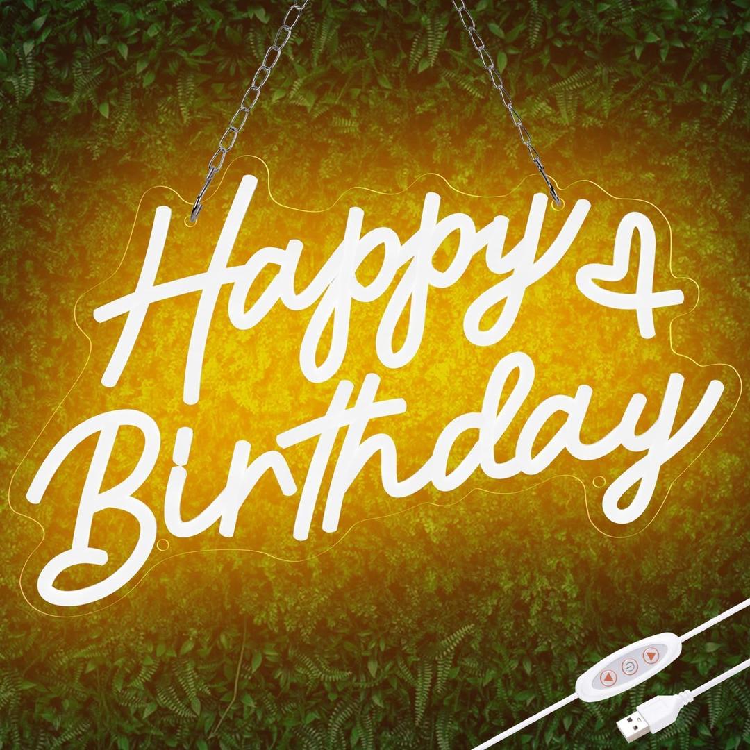 Happy Birthday Neon Sign for Party and Wall Decor,15 * 9 inch Warm White Led Neon Light Signs with USB and Dimmer Switch,Happy Birthday Sign for Backdrop. Clear