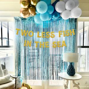 Two Less Fishin the Sea Gold Banner Balloons Blue Curtain for Nautical Theme Engagement Party Beach Wedding Anchor Cruise Banner Decorations