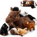 Lenwen 5 Pcs Horse Stuffed Animals 18 Inches Large Mommy Horse Plush with 4 Babies in Zippered Belly Nurturing Plushie Toy Set Gifts for Boys Girls Birthday Gift Derby Party Favors(Adorable)
