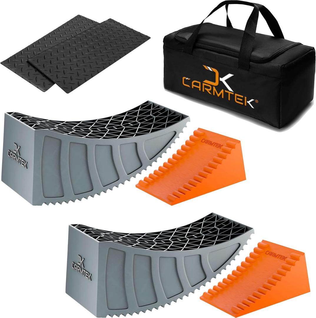 CARMTEK Camper Leveler Premium Kit | 6 Inch RV Levelers with Wheel Chocks, Rubber Mats & Carry Bag for Travel Trailers | Faster RV Leveling System Than RV Leveling Blocks | RV Accessories