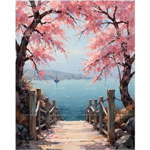 Nature Landscape Paint by Numbers Kit for Adults - DIY Cherry Blossom Path by The Sea Painting on Canvas, Acrylic Paint Set, Suitable for Beginners, Art for Home Decoration or Gifts(8X12IN Framed)