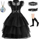 Black Costume Dress for Girls Halloween Costumes Kids Cosplay Family Birthday Party with Accessories 7-8 Years