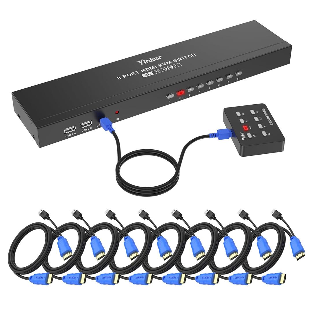KVM Switch HDMI 8 Port, Yinker 4K@30Hz USB HDMI Rack KVM Console 8 in 1 Out w/9pack Cables 4 USB 2.0 Hubs Desktop Selector IR Remote & Ears