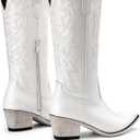 Athlefit Cowboy Cowgirl Boots for Women Fashion Low Chunky Heel Snip Toe Embroidery Western Mid Calf Boots, Size 5,5