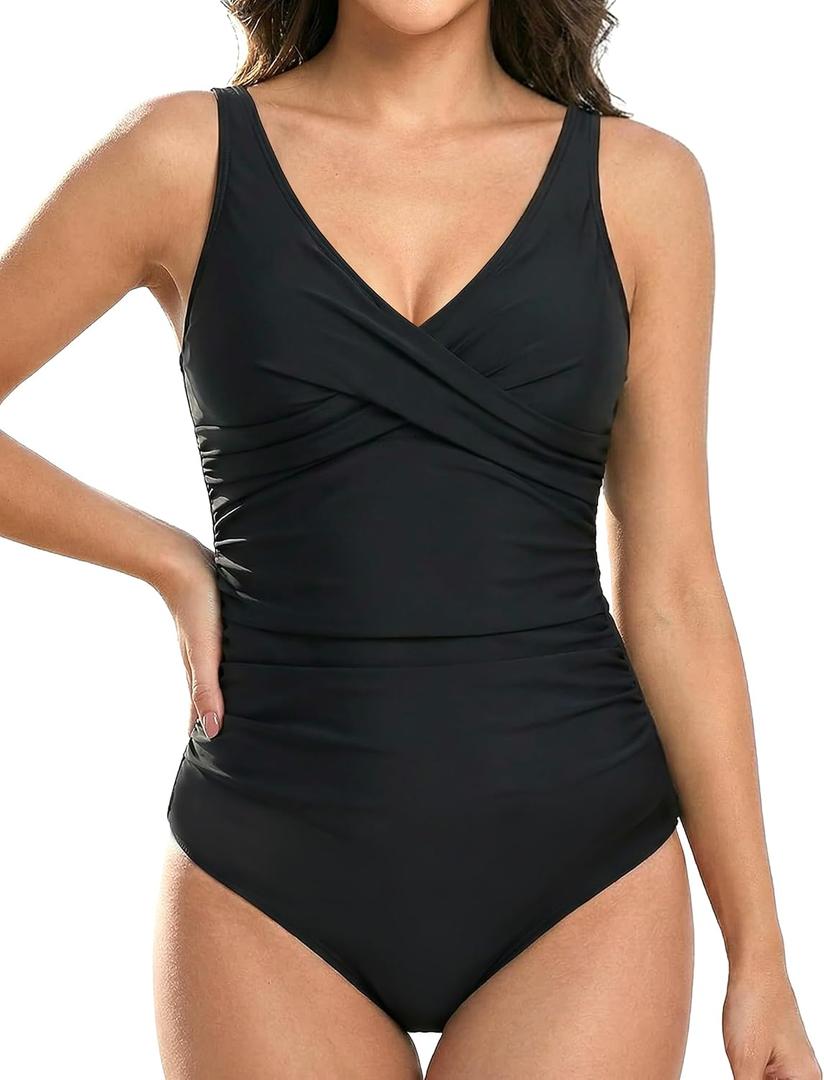 Buauty Women's V Neck Ruched One Piece Swimsuit Tummy Control Bathing Suits Flattering Beach Vacation Swimwear Black (Black)