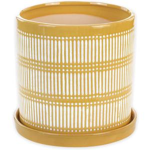 Napco 13073 Linear Yellow and White 6.25 x 6.25 Ceramic Standing Container Garden Planter Pot with Saucer