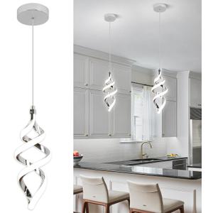 Modern Led Pendant Light Fixture, 15W Chrome Spiral Led Chandelier Hanging Lamp, 4500K Daylight White Pendant Lamp, Adjustable Height Pendant Light for Kitchen Dining Room Bedroom Kitchen Island Cafe
