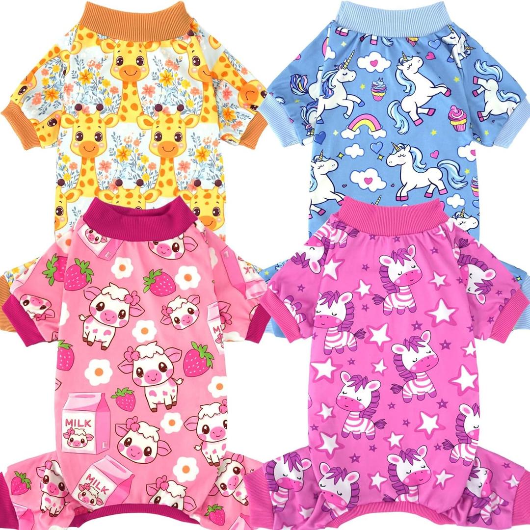 XPUDAC 4 Pack Dog Pajamas for Small Medium Dogs, Strechy Soft Puppy Clothes for Doggie Girl Boy Pet Jumpsuit, Cat Onesie-Small(Chest-14" Back-10" Neck-9.5")