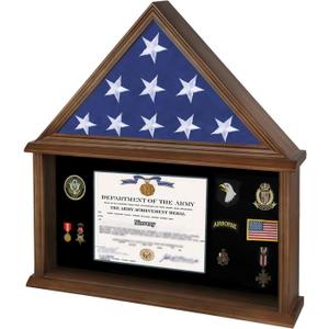 Burial Flag Display Case Solid Wood Flag Display Case Fit 5' x 9.5' Folded Flag Large Military Show Box with Real Glass, Certificate Holder for Flag, Certificate, Badges and Medals - Walnut